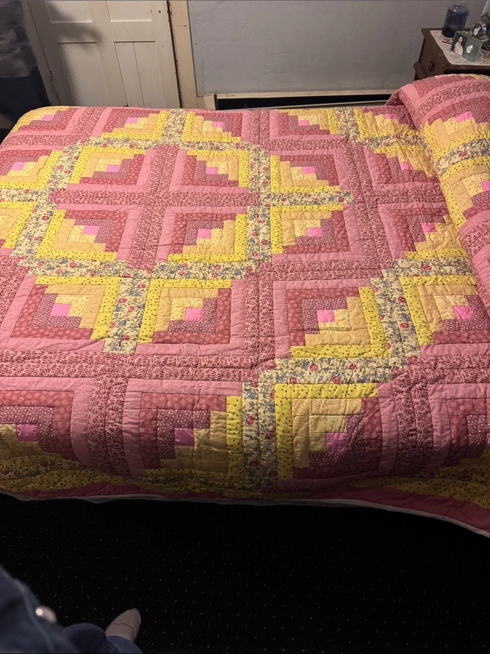 Handmade Pink and Yellow Patchwork Quilt - Home Bedding Queen Size